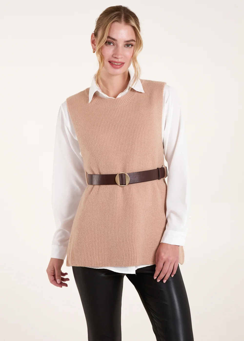 Blue Vanilla Camel Ribbed Knit Vest Blouse - S Image 1