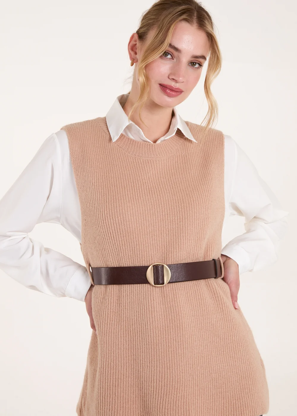 Blue Vanilla Camel Ribbed Knit Vest Blouse - S Image 3