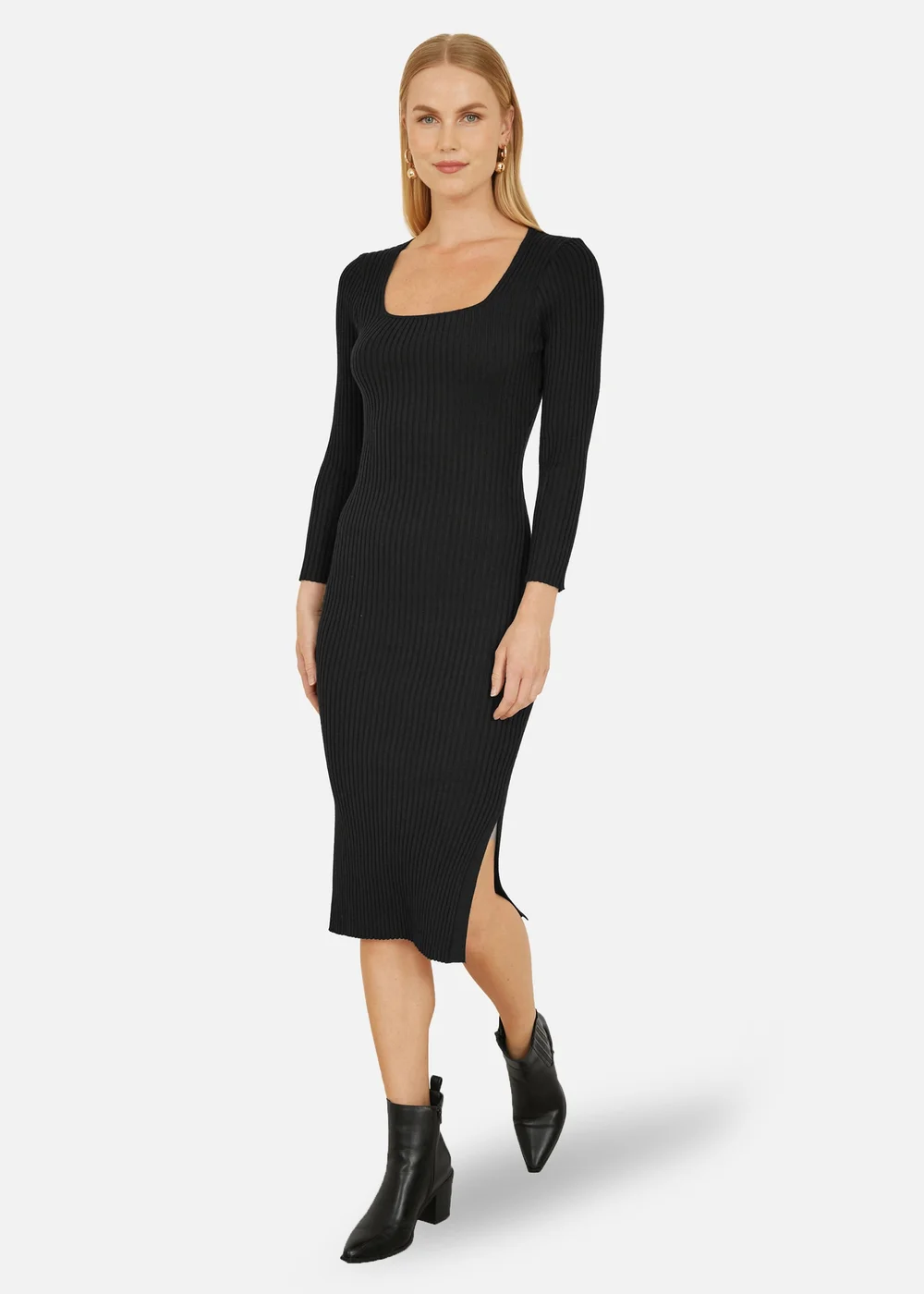Yumi Black Fitted Knit Midi Dress With Side Split - M | Matalan Yumi Black Fitted Knit Midi Dress With Side Split - M | Matalan