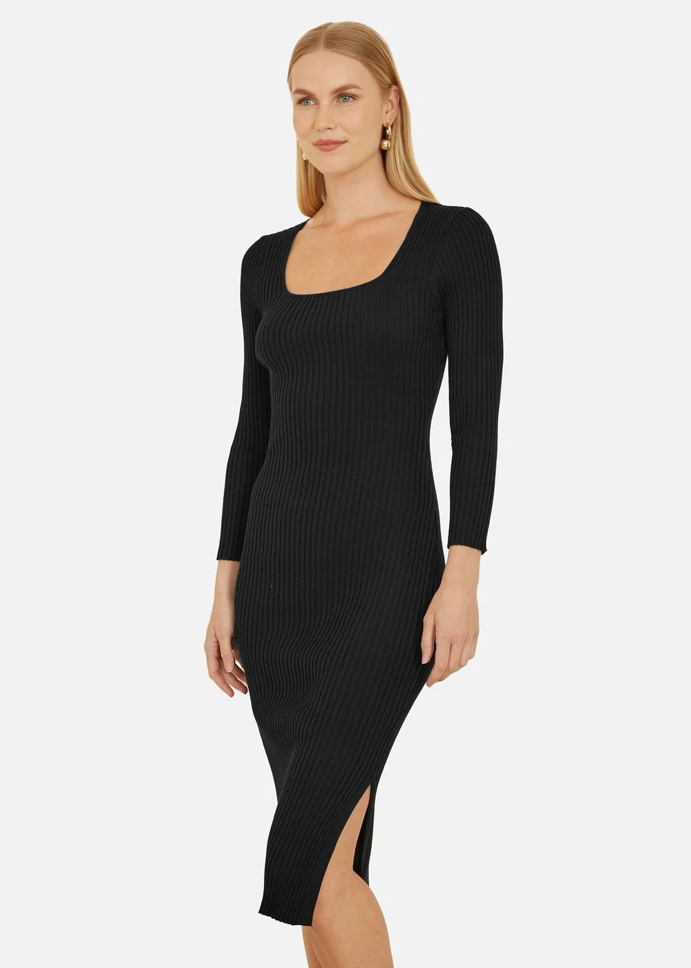 Yumi Black Fitted Knit Midi Dress With Side Split - M | Matalan Yumi Black Fitted Knit Midi Dress With Side Split - M | Matalan