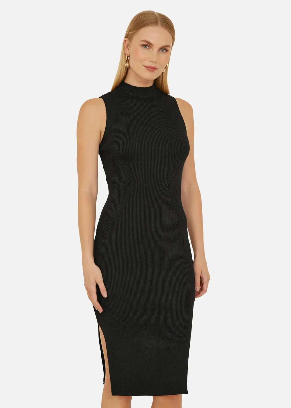 Yumi Black Metallic Fitted High Neck Midi Dress - S Image 2