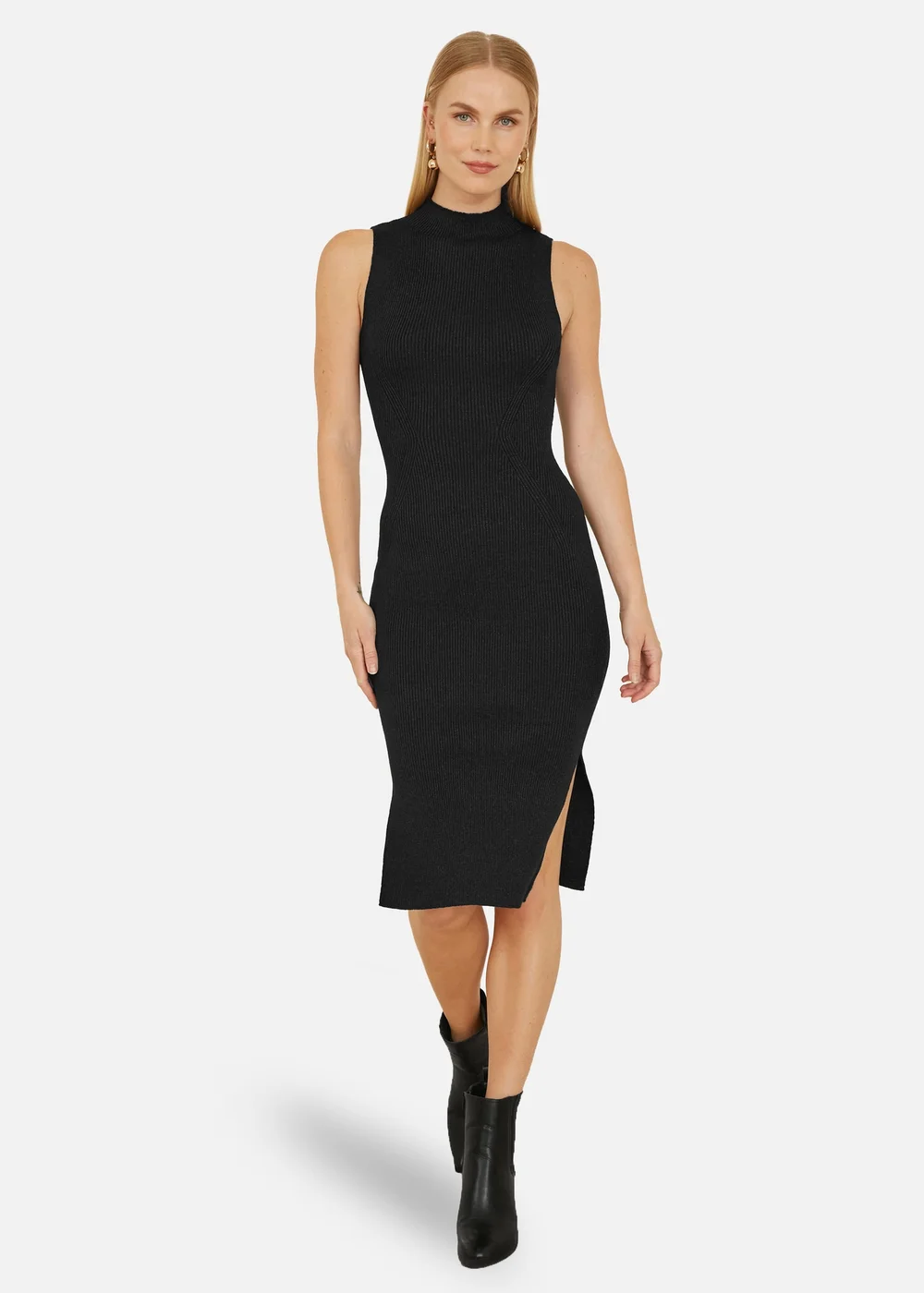 Yumi Black Metallic Fitted High Neck Midi Dress - S Image 1