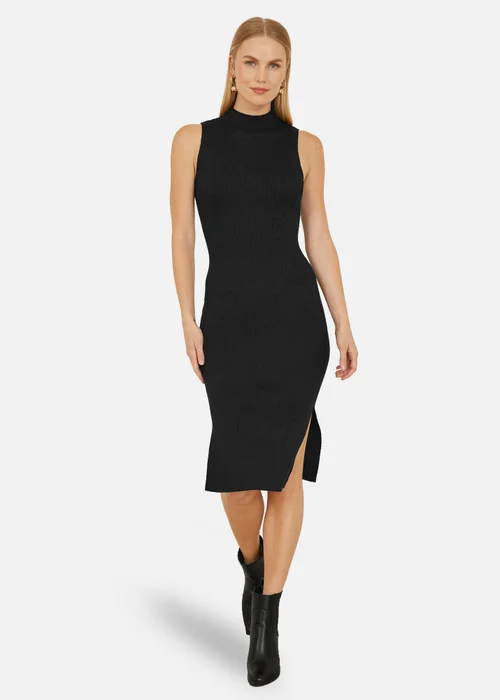 Yumi Black Metallic Fitted High Neck Midi Dress - S Image 1