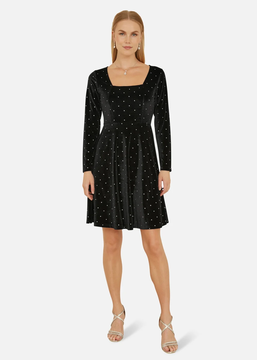 Mela Black Skater Dress With Diamantes and Long Sleeve - 8 | Matalan Mela Black Skater Dress With Diamantes and Long Sleeve - 8 | Matalan