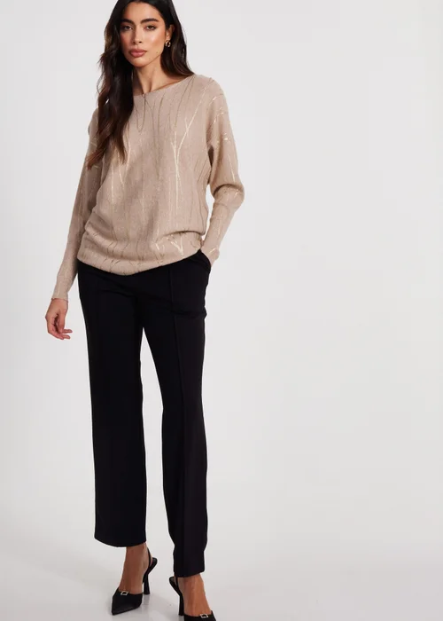 Quiz Beige Knit Foil Detail Jumper - S Image 1
