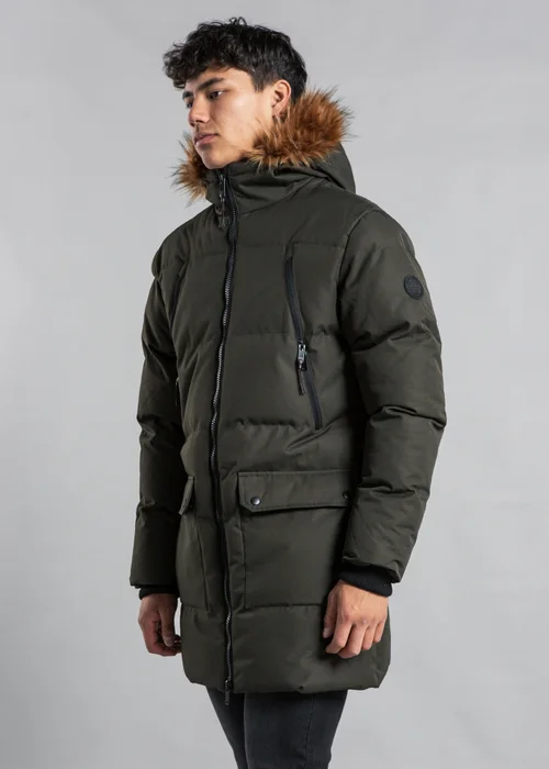 Tokyo Laundry Khaki Padded Longline Coat with Faux Fur Hood - 2XL Image 1