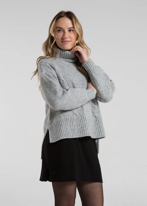 French Connection Light Grey Cable Knit Roll Neck Jumper - XS Image 5