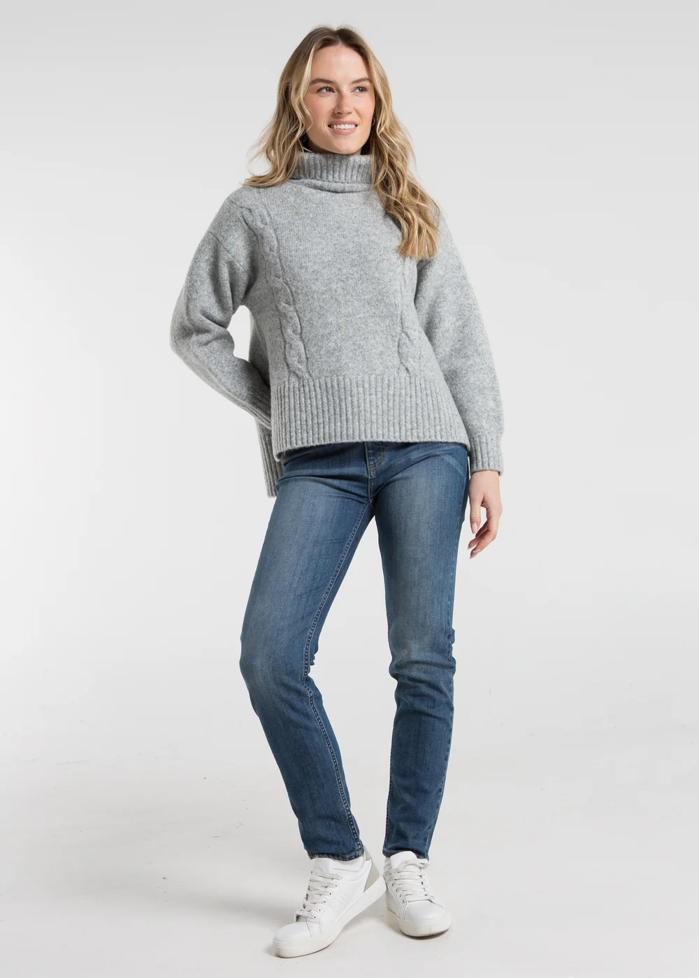 French Connection Light Grey Cable Knit Roll Neck Jumper - XS Image 3