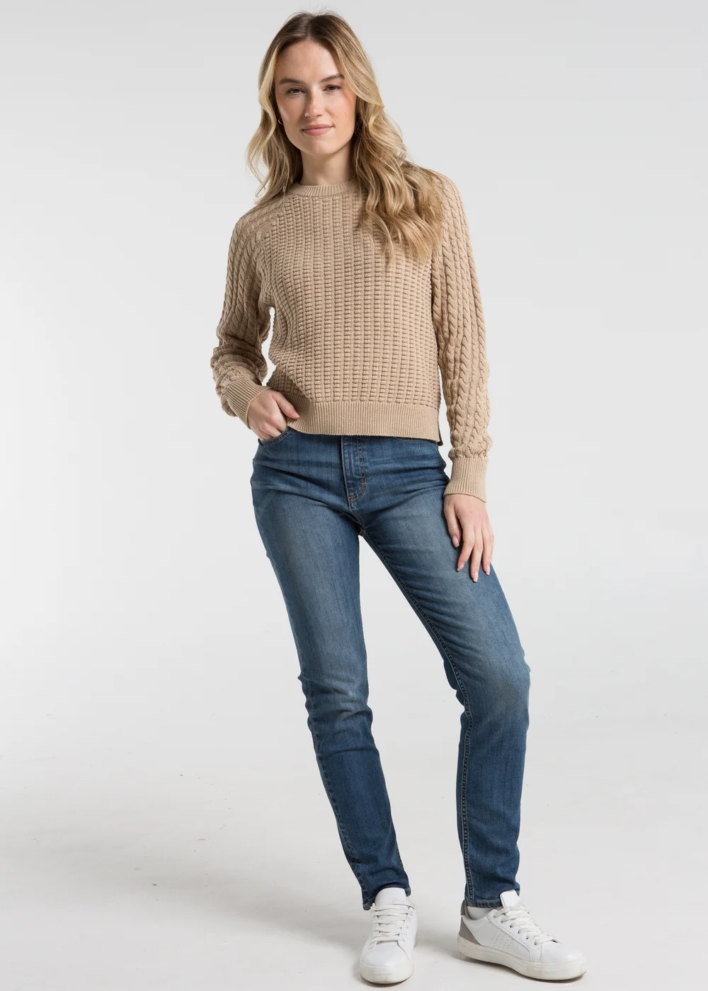 French Connection Camel Cotton Popcorn-Style Cable Knit Crew Neck Jumper - XS Image 3