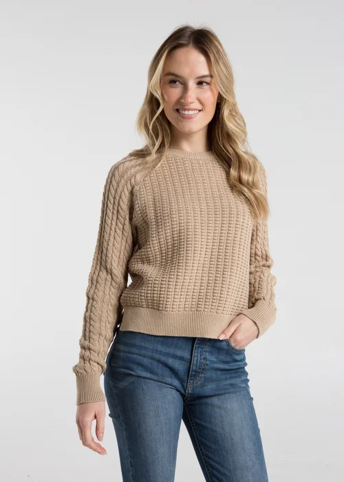 French Connection Camel Cotton Popcorn-Style Cable Knit Crew Neck Jumper - XS Image 5