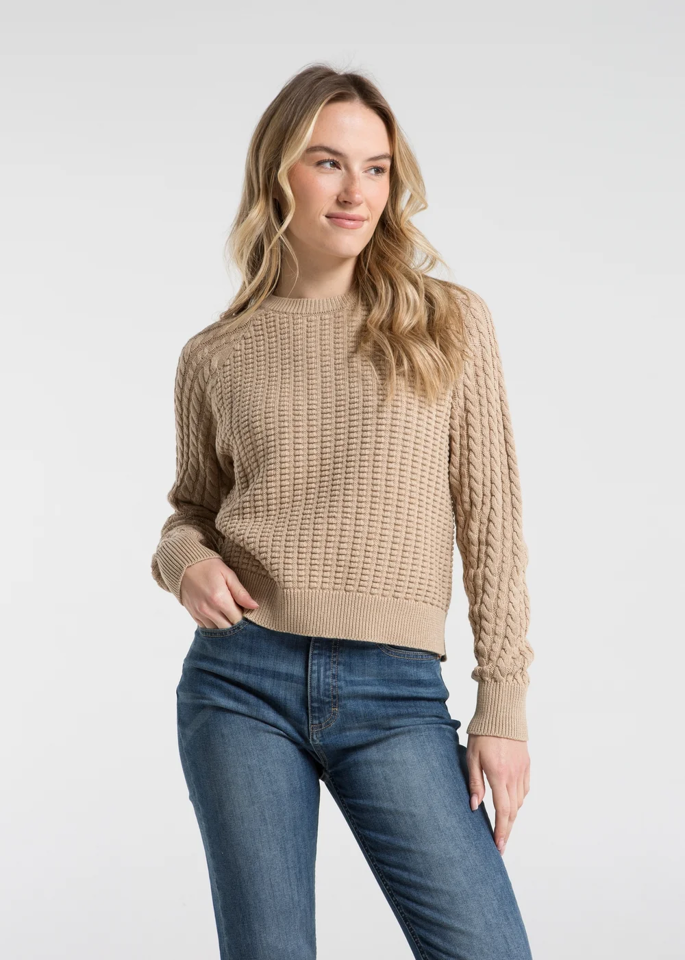 French Connection Camel Cotton Popcorn-Style Cable Knit Crew Neck Jumper - XS Image 4