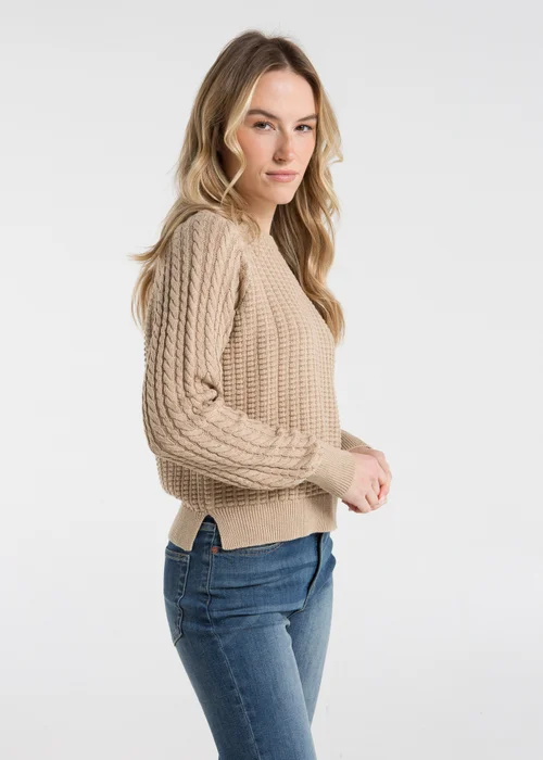 French Connection Camel Cotton Popcorn-Style Cable Knit Crew Neck Jumper - XS Image 1