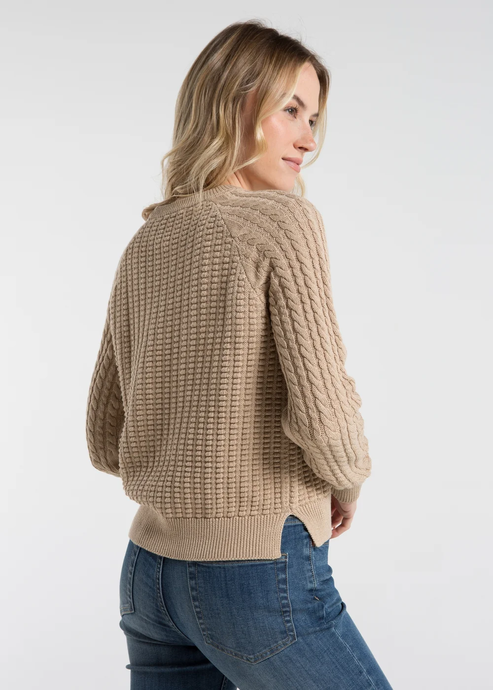 French Connection Camel Cotton Popcorn-Style Cable Knit Crew Neck Jumper - XS Image 2