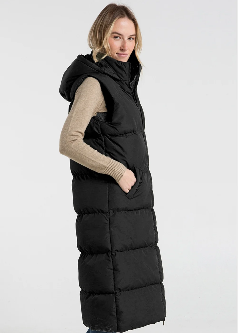 French Connection Black Longline Quilted Gilet with Hood - XS Image 1