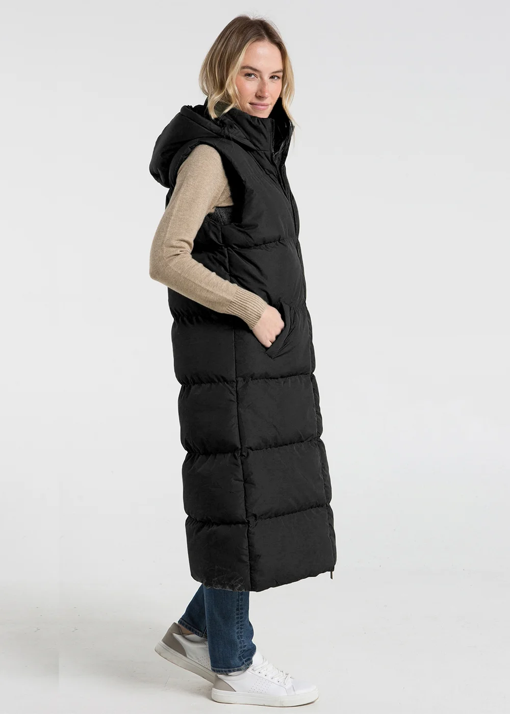 French Connection Black Longline Quilted Gilet with Hood - XS Image 3