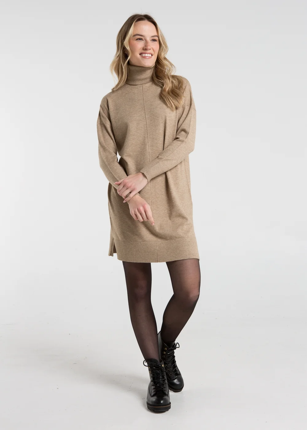French Connection Camel Cosy Roll Neck Knitted Jumper Dress - XS Image 5