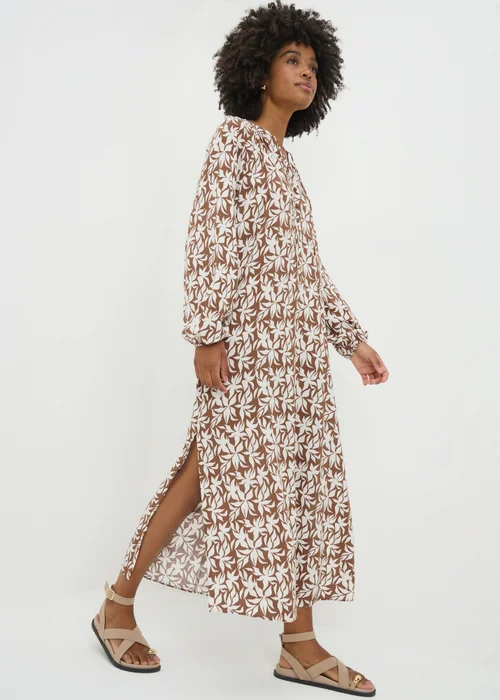 Brown Leaf Print Tunic Midaxi Dress - Size 8 Image 1
