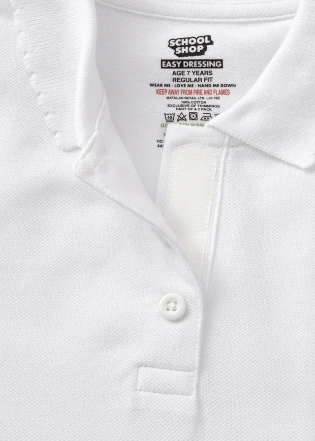 2 Pack Girls White Easy Dressing Polo Shirts (3-13yrs)