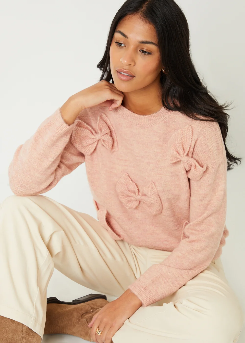 Threadbare Pink Bow Applique Knitted Jumper - 8 Image 1