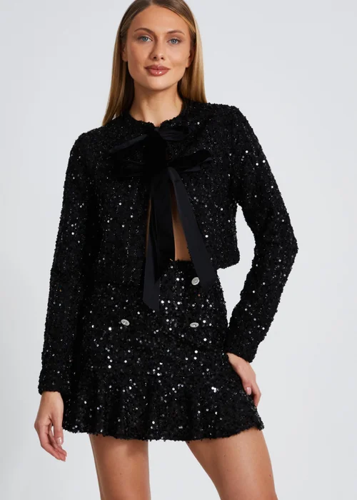 Quiz Black Sequin Frill Mini Skirt - Size 6 Image 1