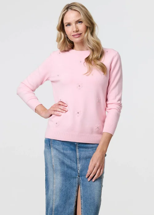 Izabel London Light Pink Floral Gemstone Embellished Jumper - 8 Image 1