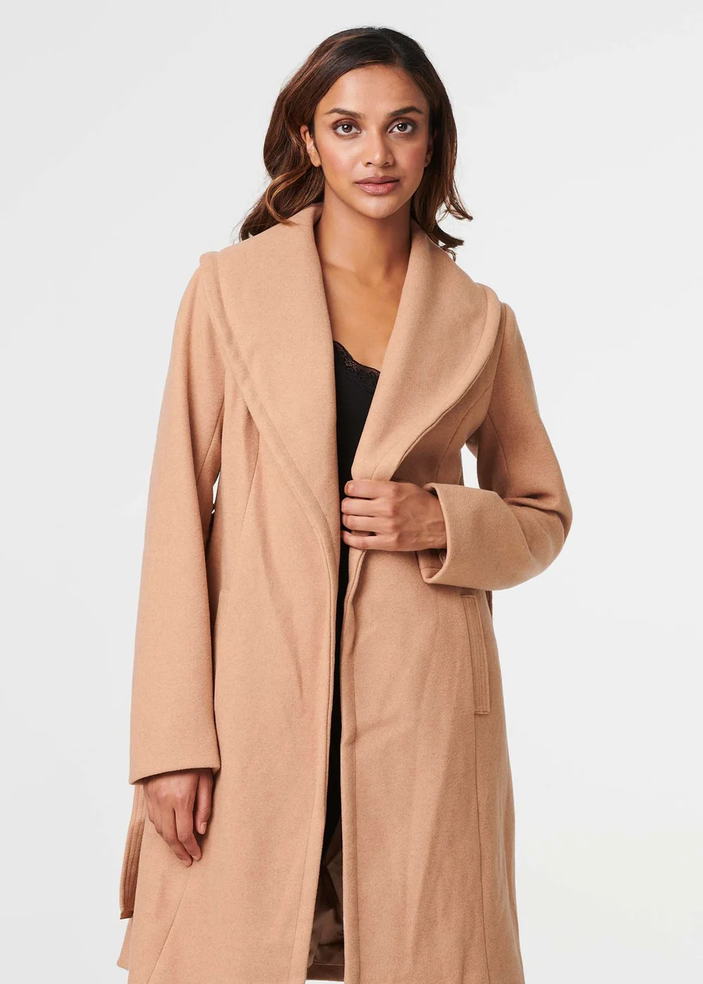 Izabel London Brown Wrap Front Tie Waist Coat - Size 8 Image 1