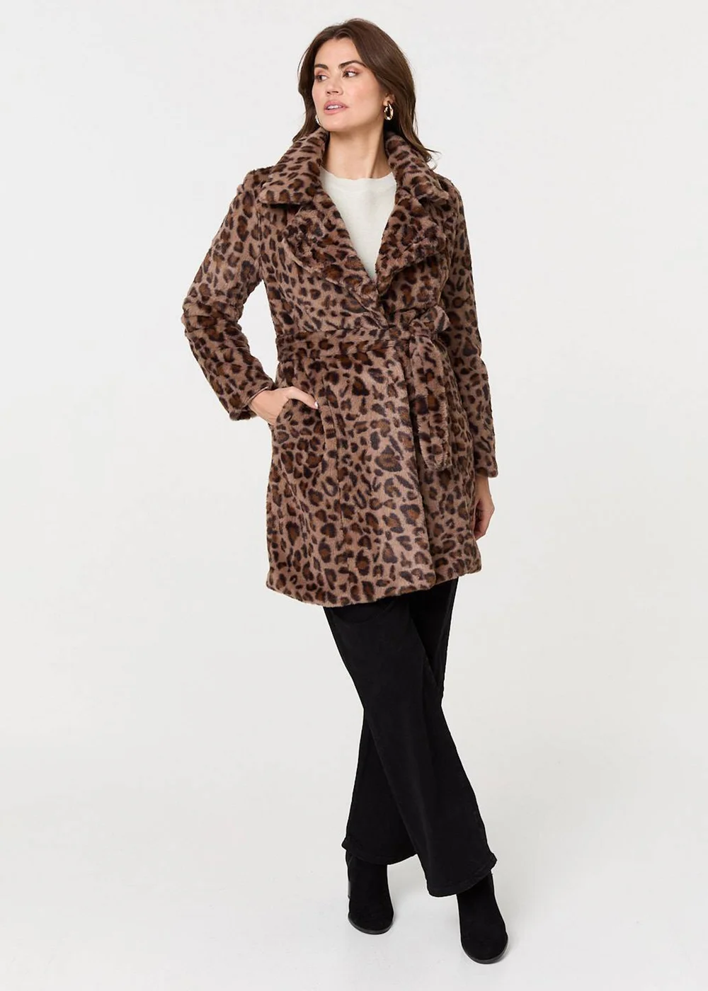 Izabel London Beige Animal Print Faux Fur Tie Waist Jacket - 8 Image 4