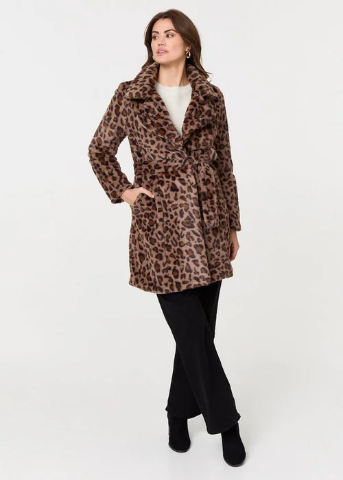 Izabel London Beige Animal Print Faux Fur Tie Waist Jacket - 8 Image 4