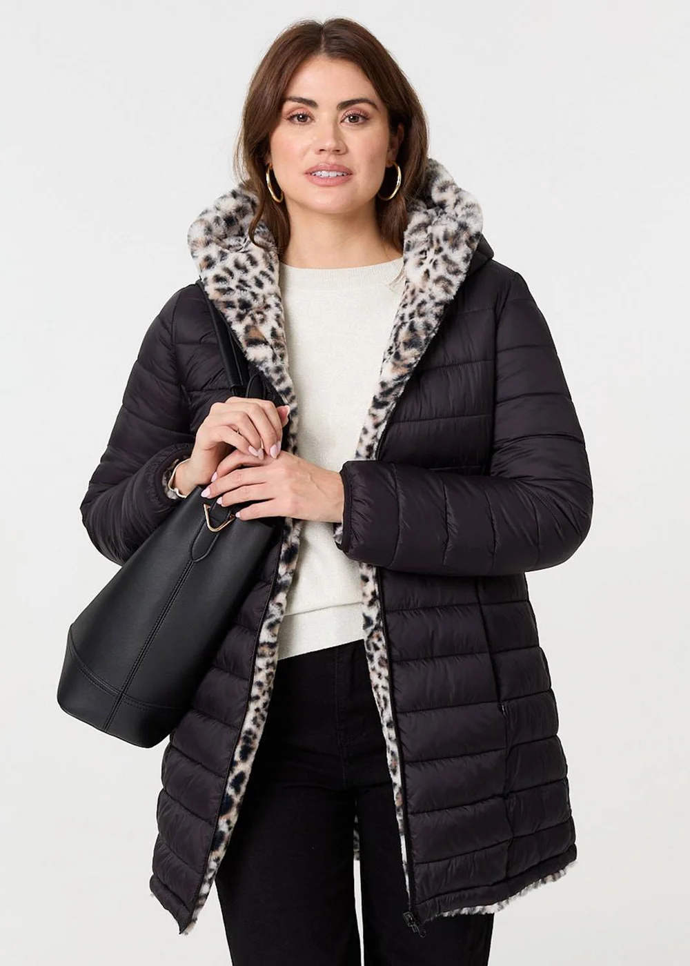 Izabel London Black Reversible Animal Print Puffer Jacket - 8 Image 1