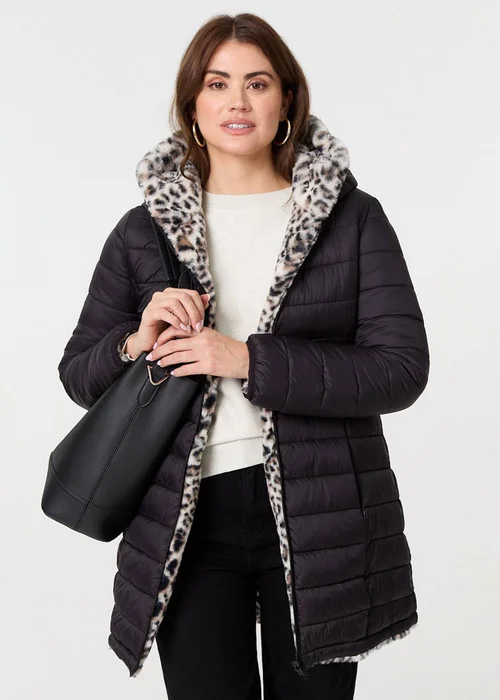 Izabel London Black Reversible Animal Print Puffer Jacket - 8 Image 1