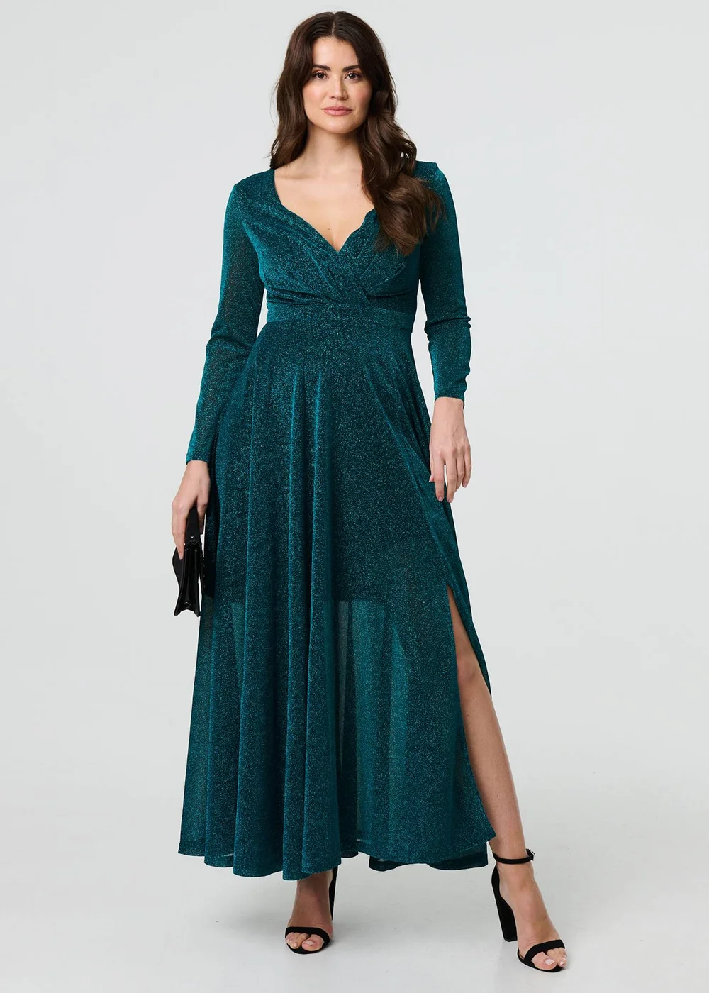 Izabel London Green Sparkly V-Neck Long Sleeve Maxi Dress - 8 Izabel London Green Sparkly V-Neck Long Sleeve Maxi Dress - 8