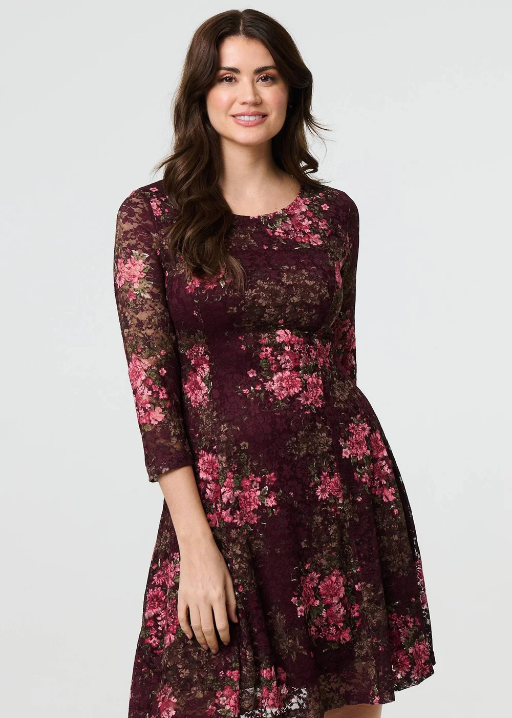 Izabel London Burgundy Floral Lace Layer Pleated Short Dress - 12 Izabel London Burgundy Floral Lace Layer Pleated Short Dress - 12