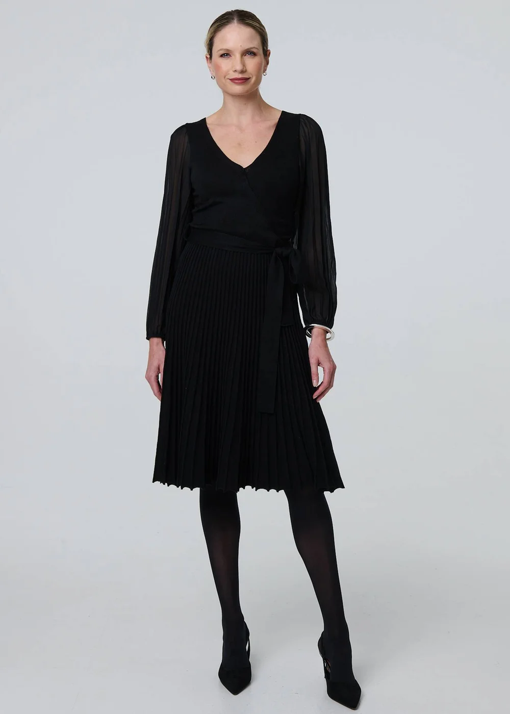 Izabel London Black Semi Sheer Pleated Knee length Dress - 14 | Matalan Izabel London Black Semi Sheer Pleated Knee length Dress - 14 | Matalan