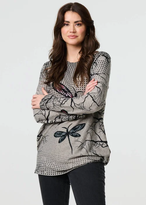 Izabel London Brown Dragonfly Print Long Sleeve Tunic Top - 8-10 Image 1