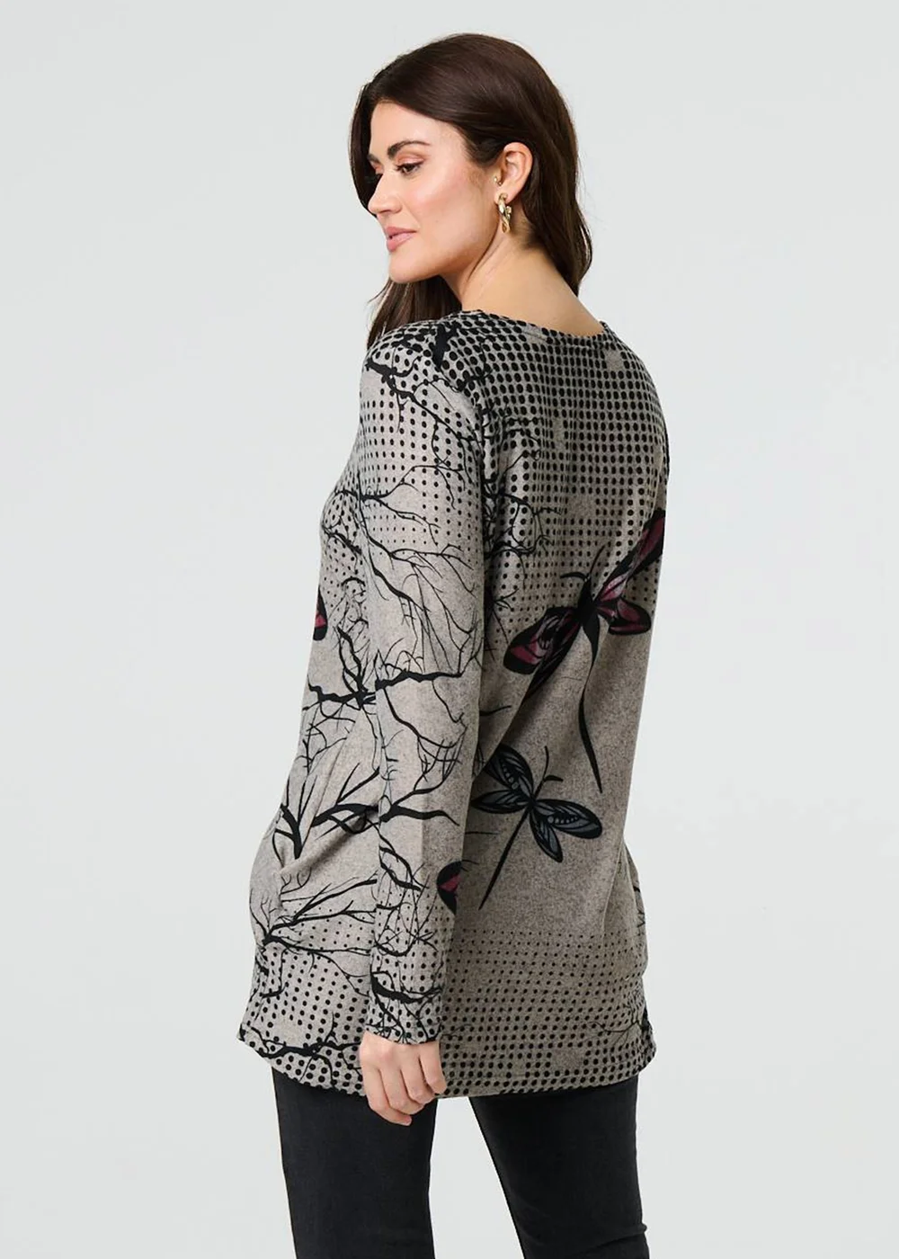 Izabel London Brown Dragonfly Print Long Sleeve Tunic Top - 8-10 Image 2