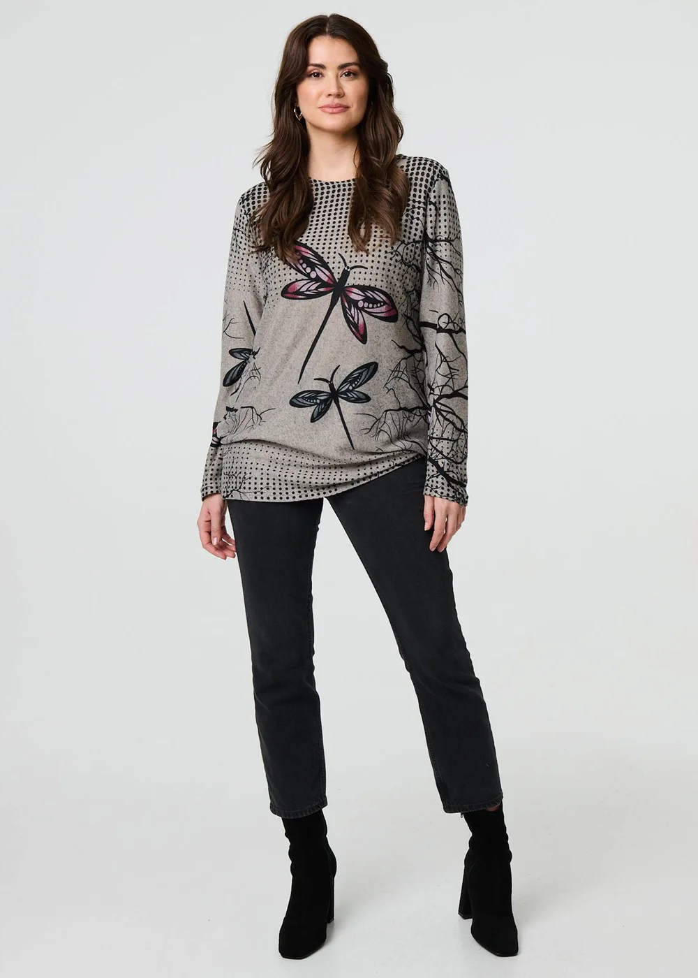 Izabel London Brown Dragonfly Print Long Sleeve Tunic Top - 8-10 Image 4