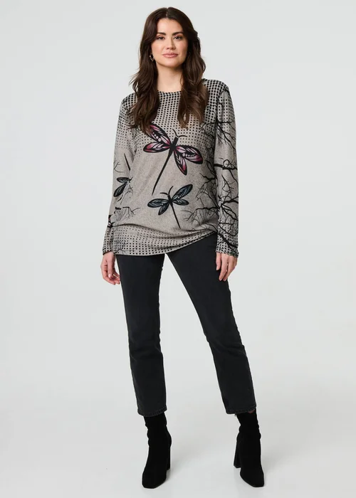 Izabel London Brown Dragonfly Print Long Sleeve Tunic Top - 8-10 Image 4