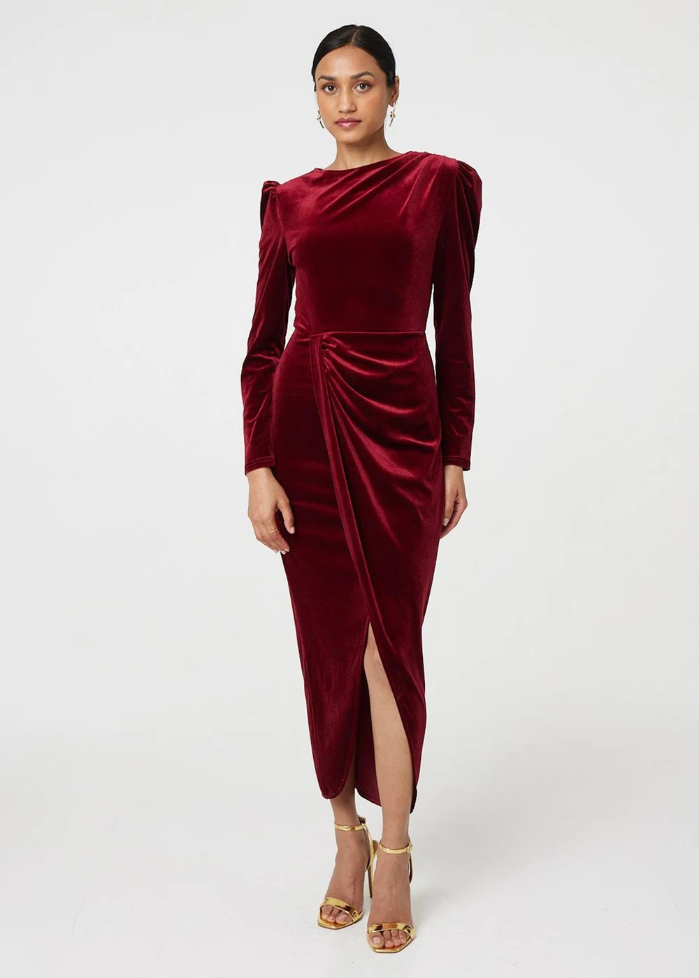 Izabel London Red Velvet Long Puff Sleeve Split Hem Midi Dress - 8 Image 4