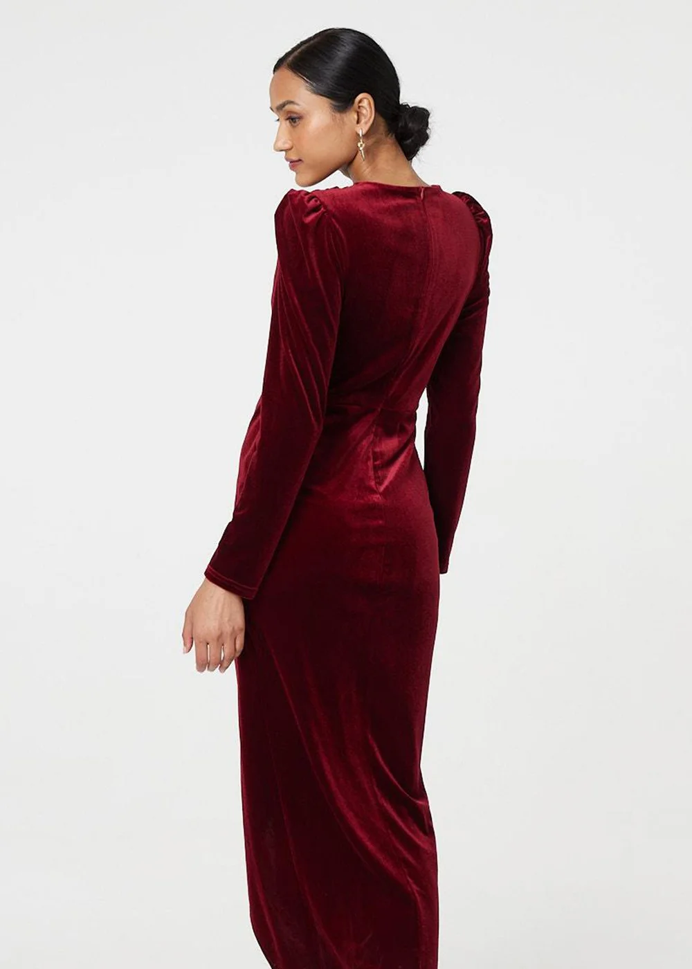 Izabel London Red Velvet Long Puff Sleeve Split Hem Midi Dress - 8 Image 2