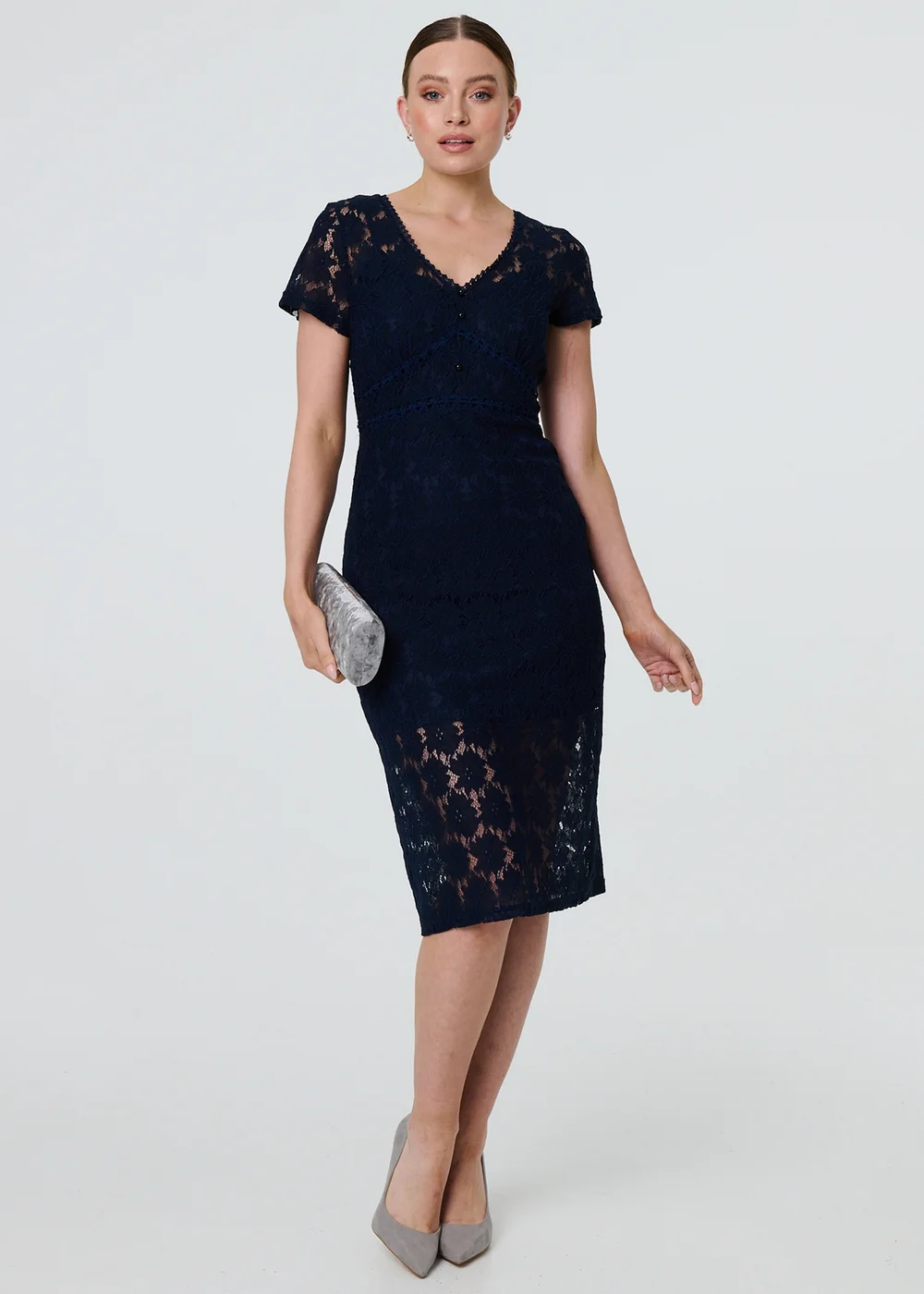 Izabel London Navy Floral Lace Layer Slim Knee Length Dress - 14 Izabel London Navy Floral Lace Layer Slim Knee Length Dress - 14