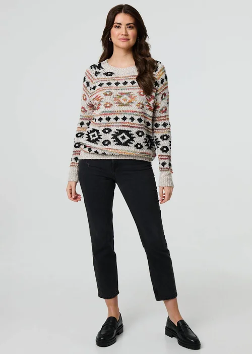 Izabel London Beige Aztec Print Long Sleeve Knit Jumper - 8 Image 4