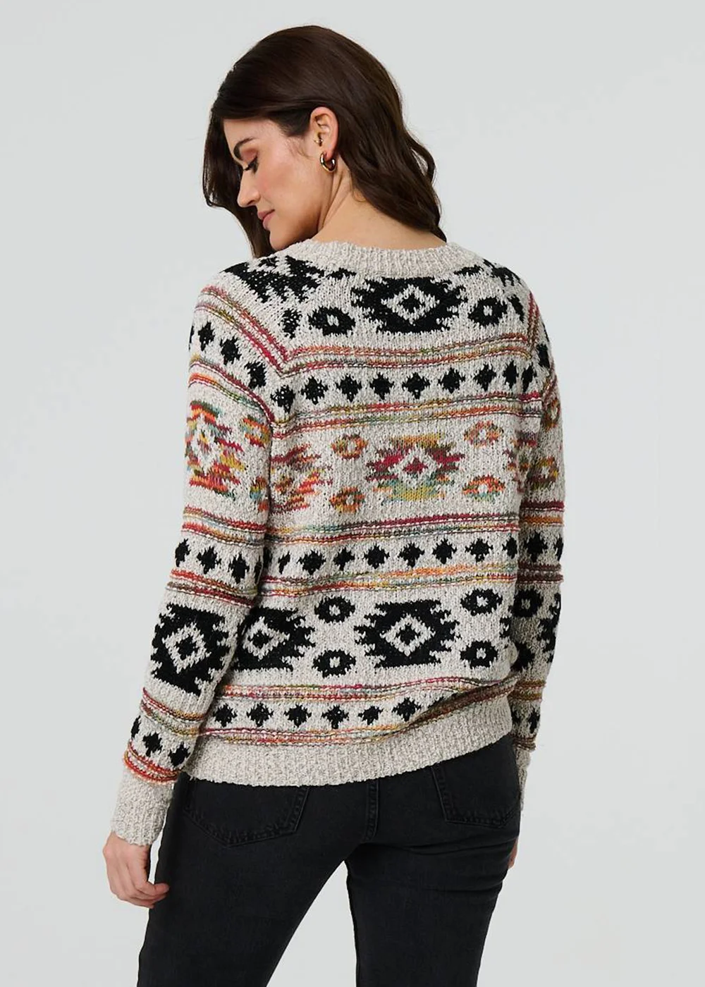 Izabel London Beige Aztec Print Long Sleeve Knit Jumper - 8 Image 2