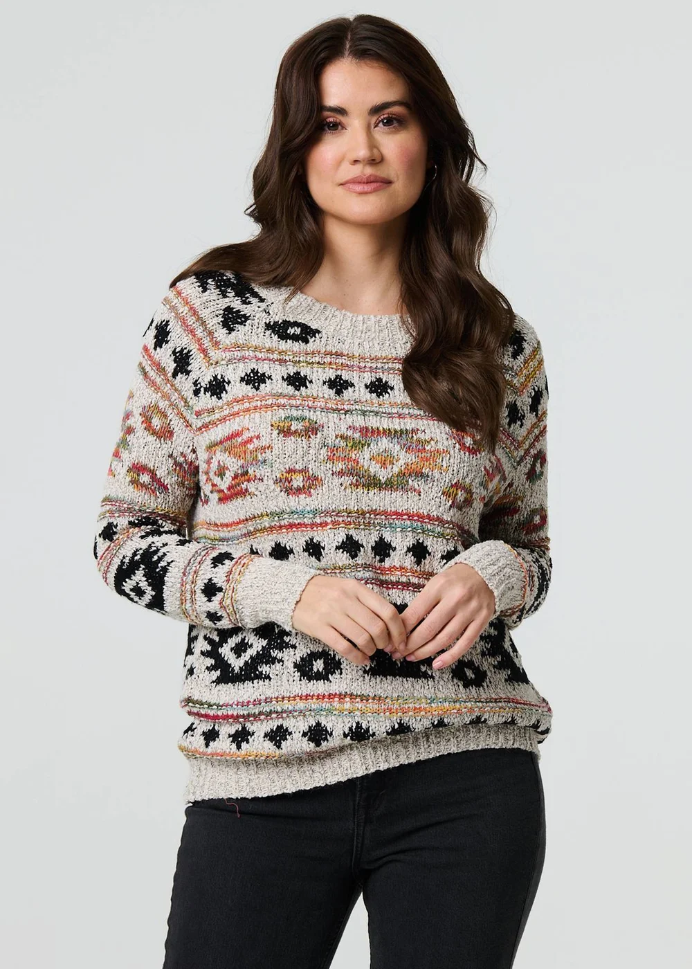 Izabel London Beige Aztec Print Long Sleeve Knit Jumper - 8 Image 1