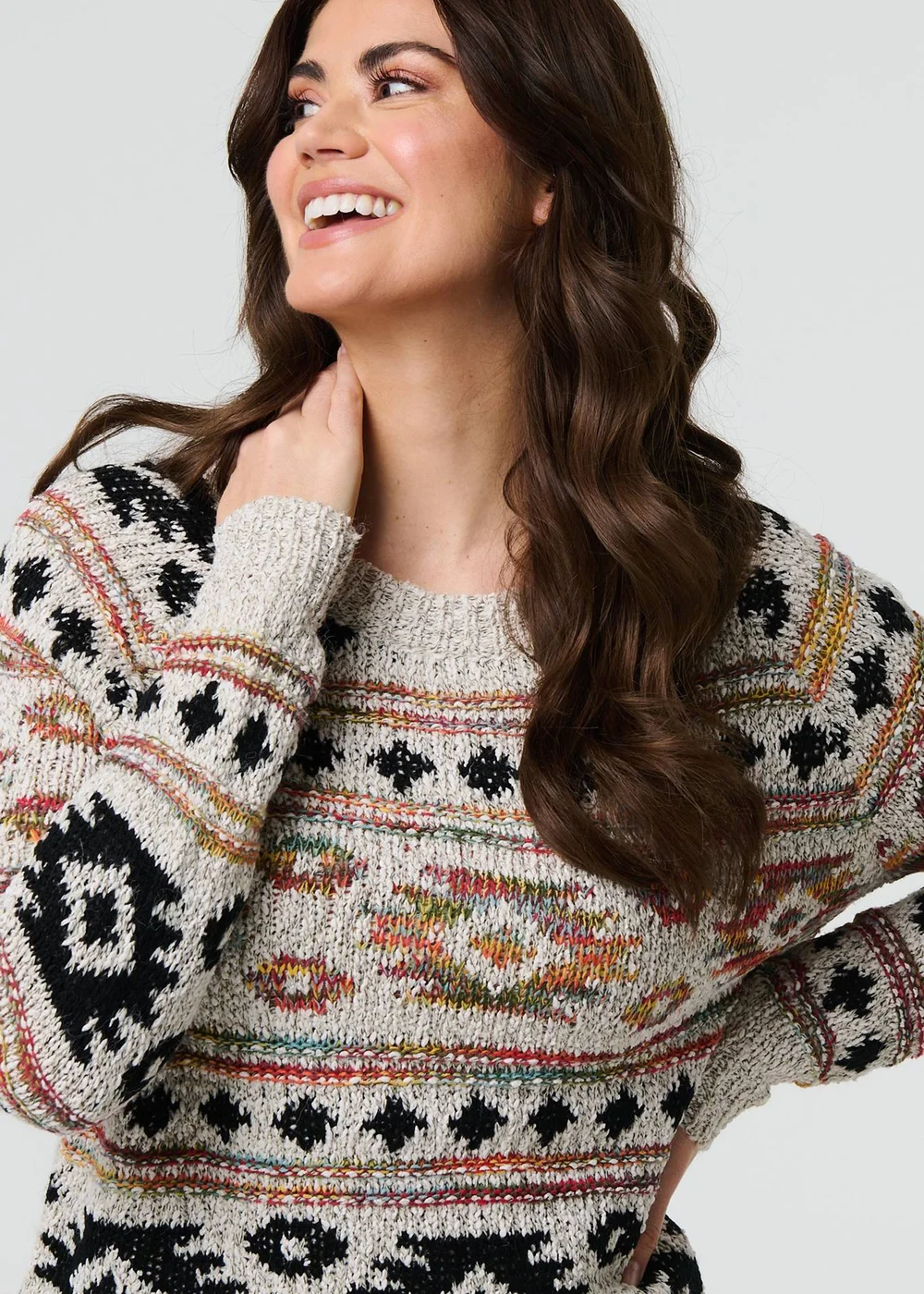 Izabel London Beige Aztec Print Long Sleeve Knit Jumper - 8 Image 3