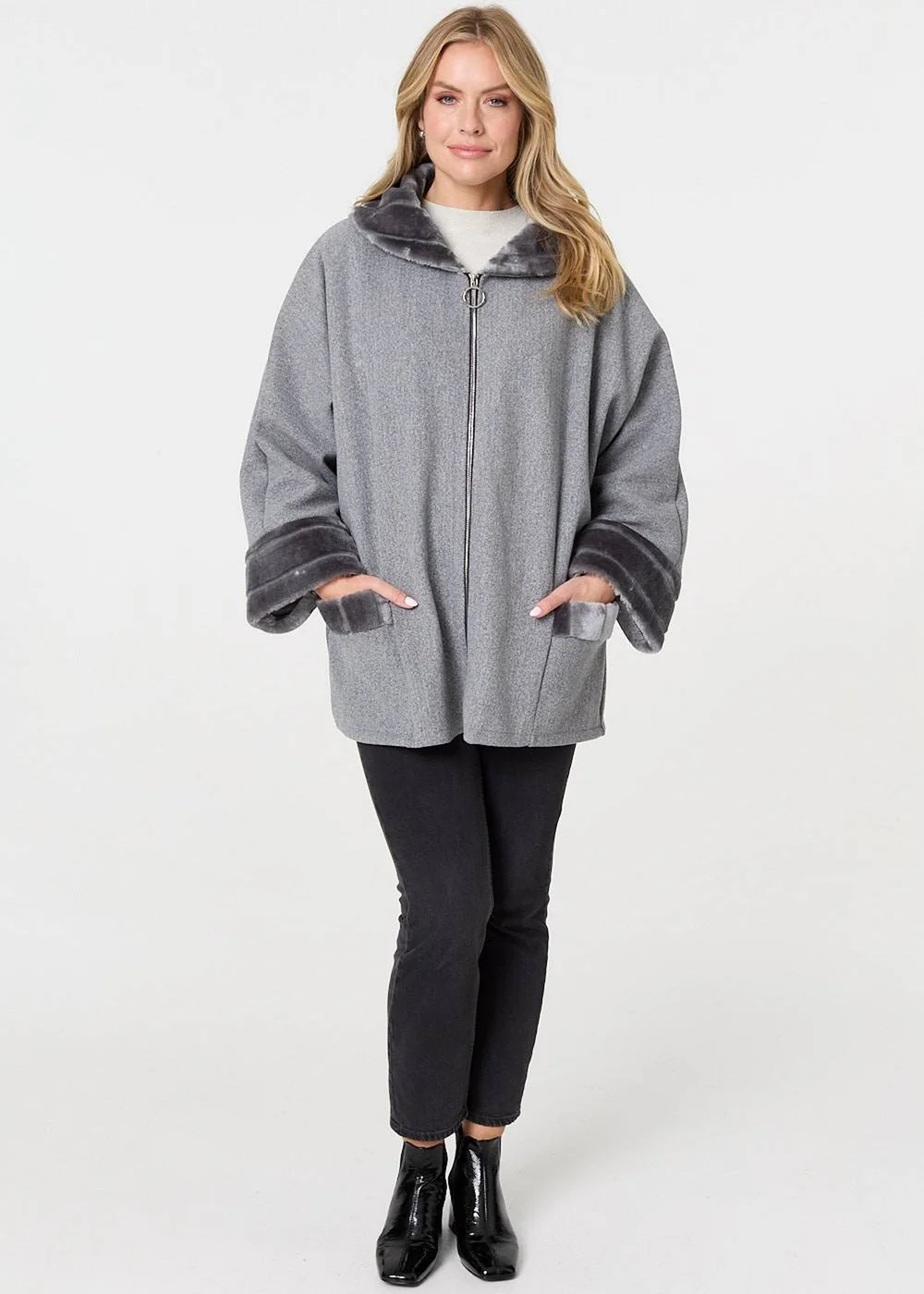 Izabel London Grey Faux Fur Trim Zip-Up Relaxed Jacket - S/M Image 1