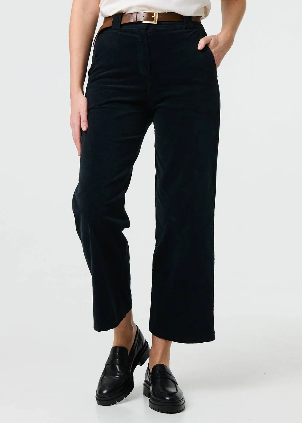 Izabel London Black Faux Leather Belt Corduroy Trousers - S Image 4