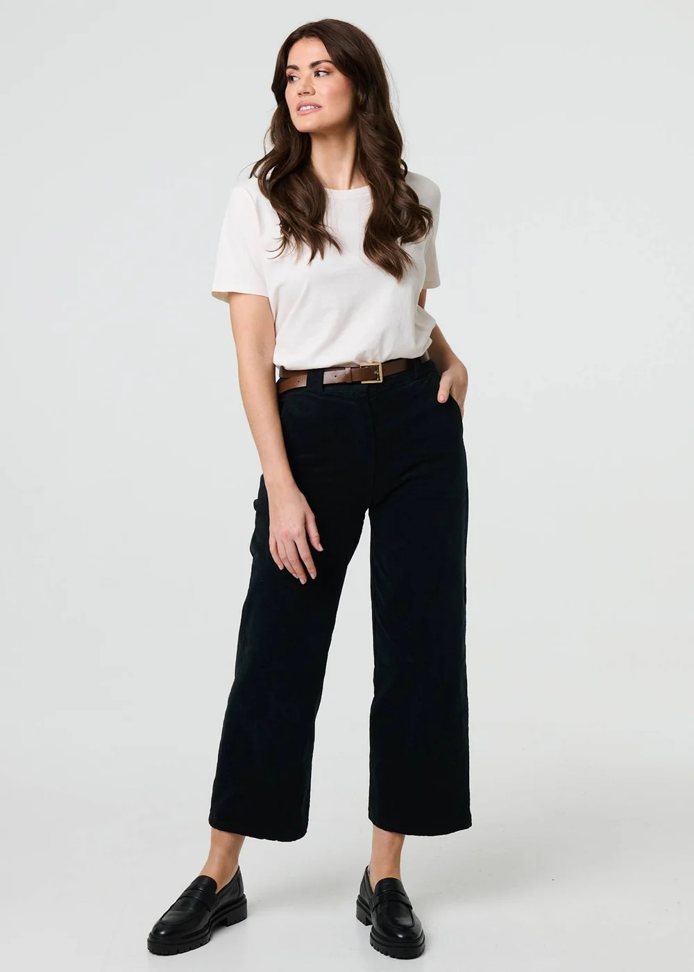 Izabel London Black Faux Leather Belt Corduroy Trousers - S Image 1