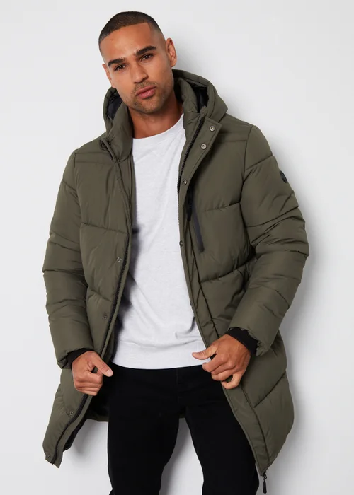 Threadbare Khaki Showerproof Hooded Longline Puffer Jacket - S Image 1