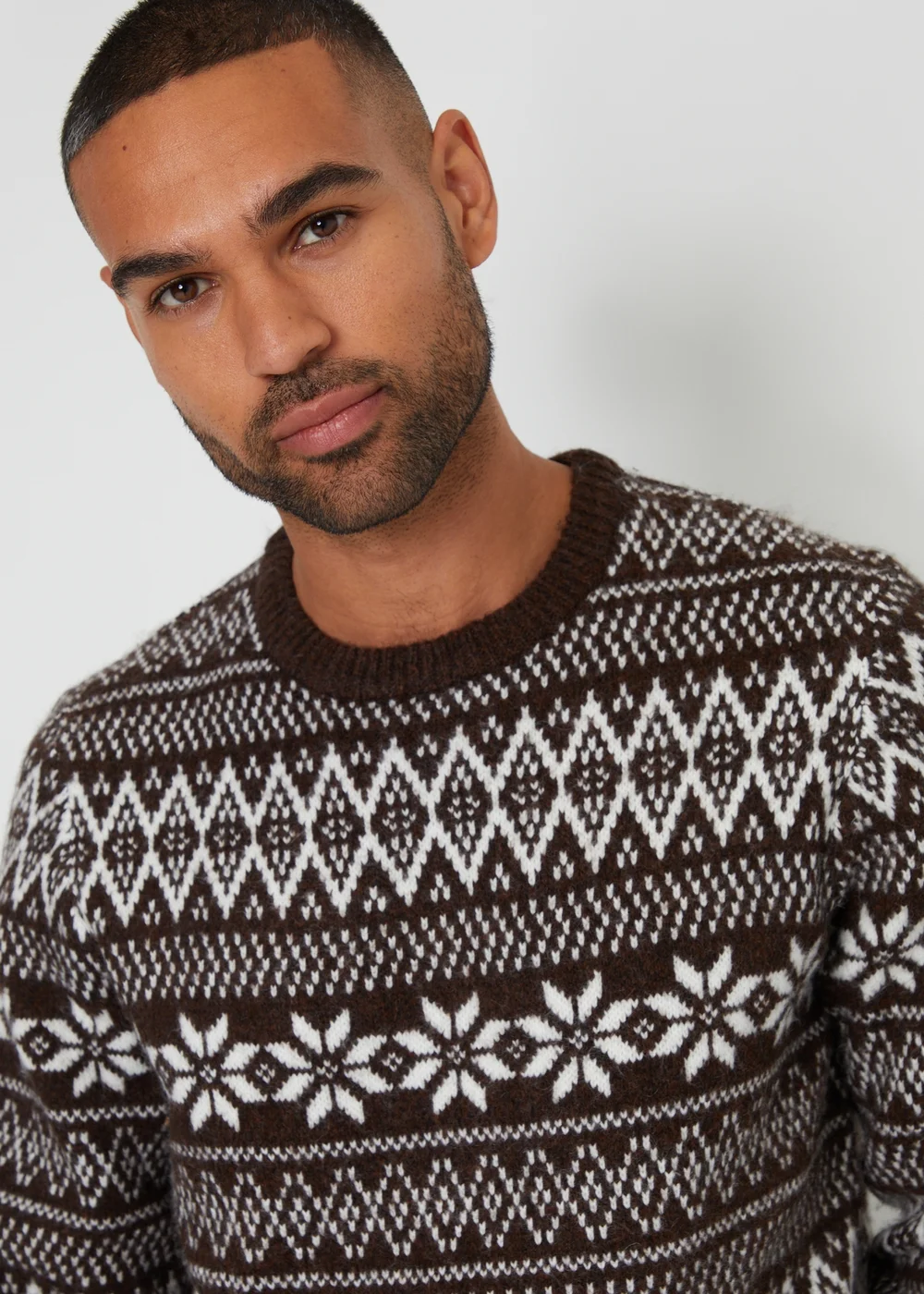 Threadbare Chocolate Fairisle Crew Neck Christmas Jumper - S Image 4