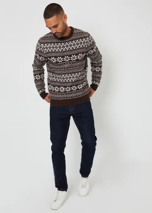 Threadbare Chocolate Fairisle Crew Neck Christmas Jumper - S Image 3